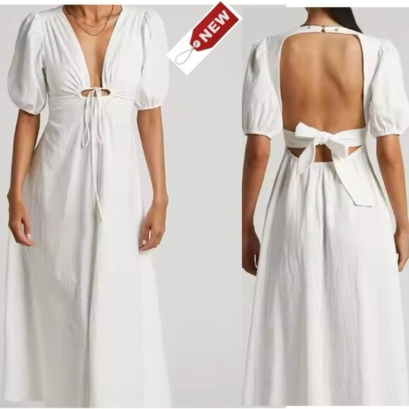 SINCERELY JULES WHITE SHORT SLEEVE RUCHED KEYHOLE MIDI DRESS Sz M NWT PRARIE - Picture 1 of 13